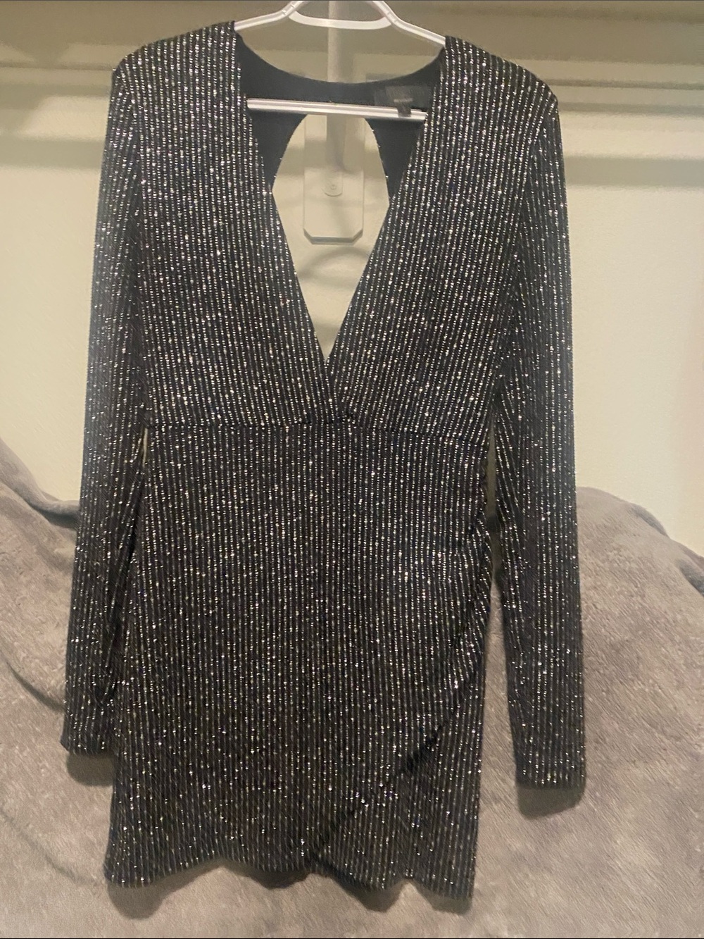 Long-Sleeve Black Sparkle V-Neck Mini Dress
